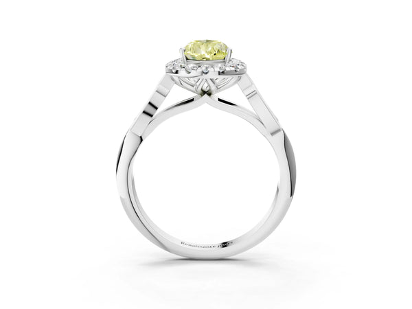 Platinum Fancy Yellow Pear  Halo Diamond Engagement Ring with Filigree Band and Four-Prong Setting