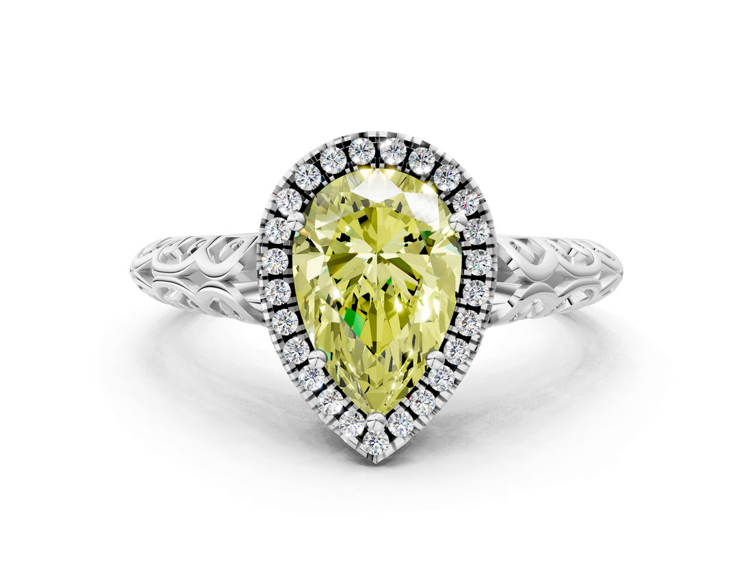 White gold Fancy Yellow Pear  Halo Diamond Engagement Ring with Intricate Filigree Band and Four-Prong Setting_54