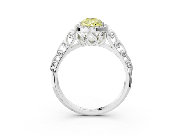 Platinum Fancy Yellow Pear  Halo Diamond Engagement Ring with Intricate Filigree Band and Four-Prong Setting
