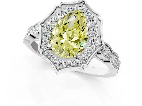 White gold Fancy Yellow Pear  Halo Diamond Engagement Ring with Milgrain Band and Four-Prong Setting