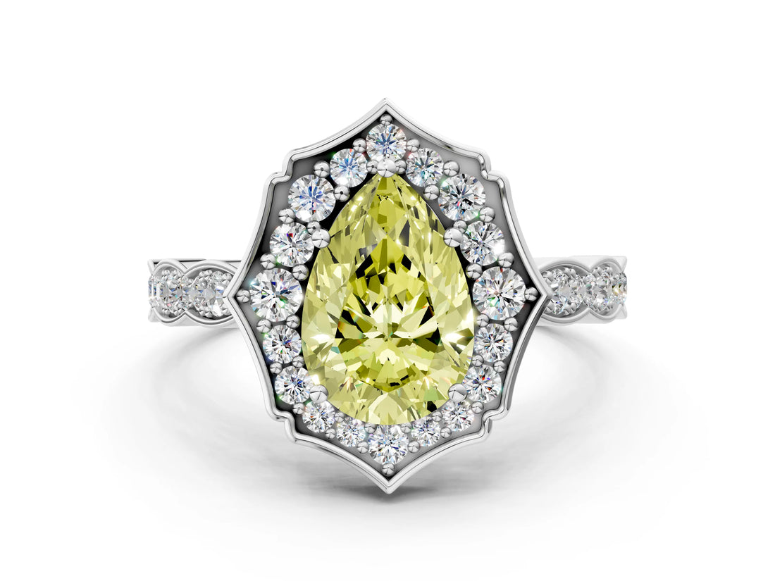 White gold Fancy Yellow Pear  Halo Diamond Engagement Ring with Milgrain Band and Four-Prong Setting_87