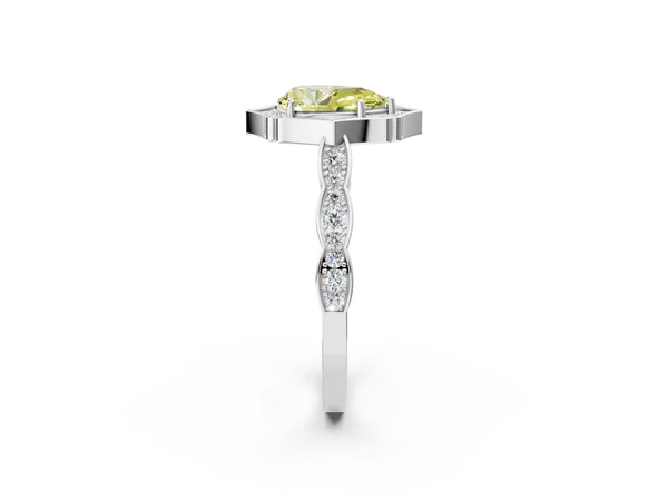 White gold Fancy Yellow Pear  Halo Diamond Engagement Ring with Milgrain Band and Four-Prong Setting