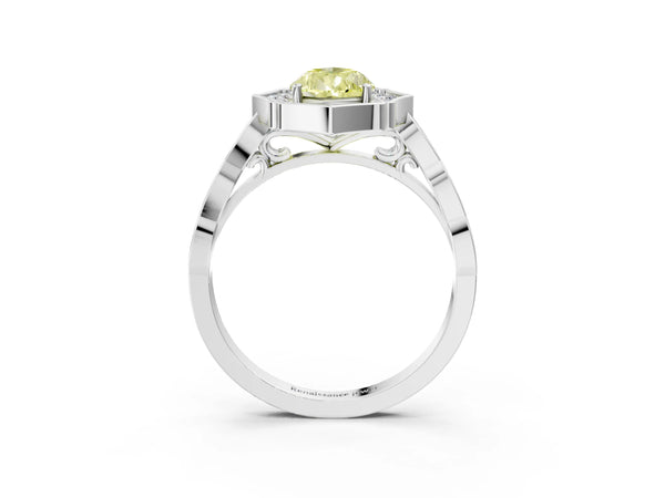 White gold Fancy Yellow Pear  Halo Diamond Engagement Ring with Milgrain Band and Four-Prong Setting