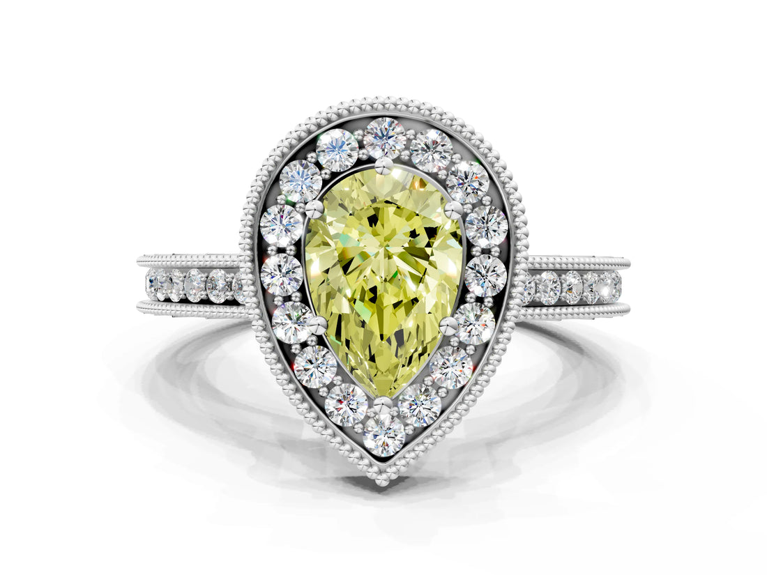 White gold Fancy Yellow Pear  Halo Diamond Engagement Ring with Milgrain Pave Band and Four-Prong Setting_123