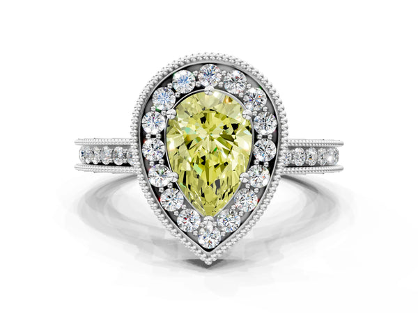 Platinum Fancy Yellow Pear  Halo Diamond Engagement Ring with Milgrain Pave Band and Four-Prong Setting