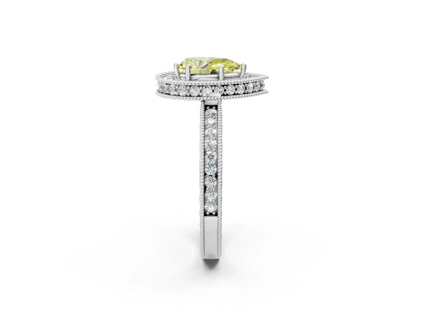 Platinum Fancy Yellow Pear  Halo Diamond Engagement Ring with Milgrain Pave Band and Four-Prong Setting