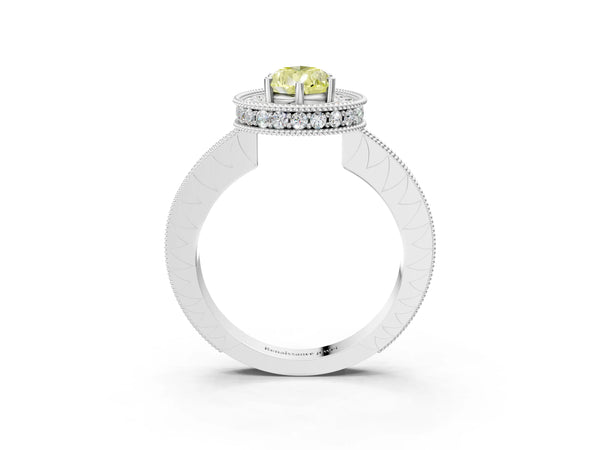 Platinum Fancy Yellow Pear  Halo Diamond Engagement Ring with Milgrain Pave Band and Four-Prong Setting