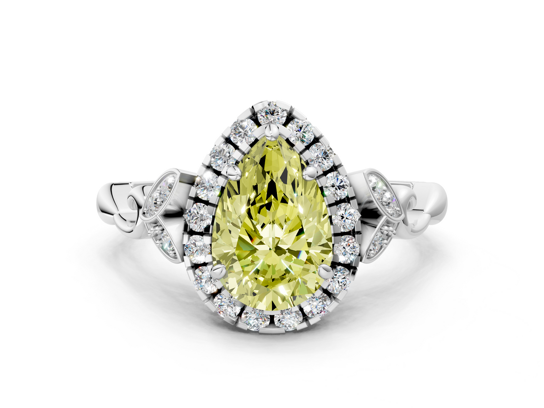 White gold Fancy Yellow Pear  Halo Diamond Engagement Ring with Vintage-Inspired Band and Four-Prong Setting_3