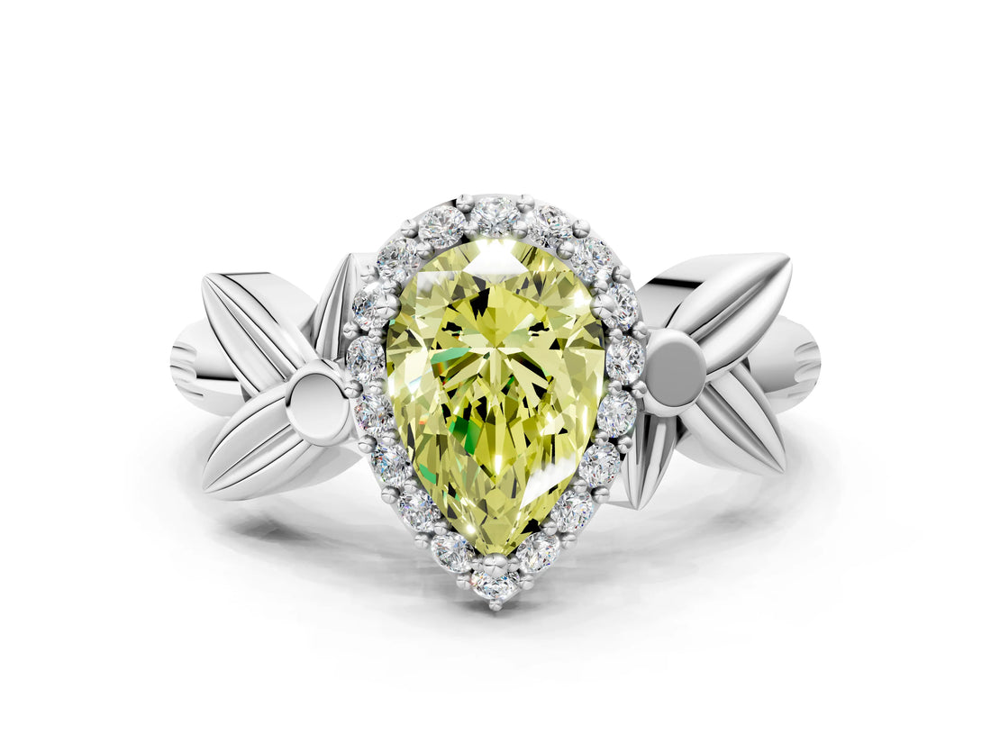 White gold Fancy Yellow Pear  Halo Diamond Floral Band with Four-Prong Setting_55