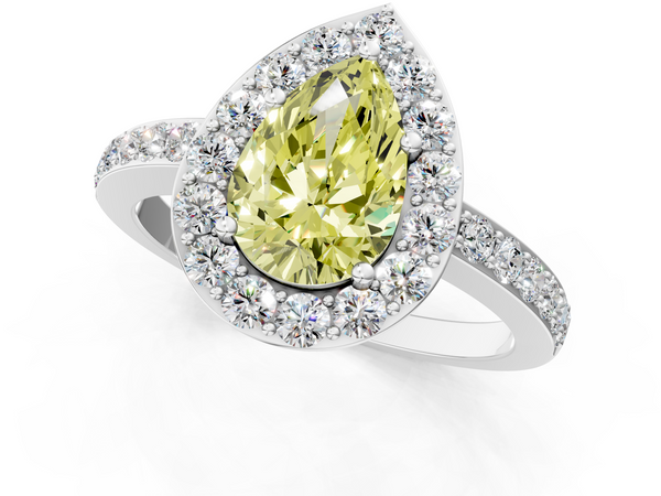 White gold Fancy Yellow Pear  Halo Diamond Pavé Band Ring with Prong Setting