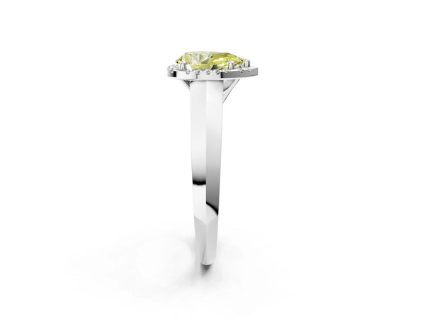 Platinum Fancy Yellow Pear  Halo Diamond Ring with Cathedral Band and Four-Prong Setting
