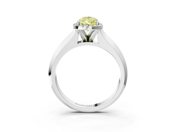 Platinum Fancy Yellow Pear  Halo Diamond Ring with Cathedral Band and Four-Prong Setting
