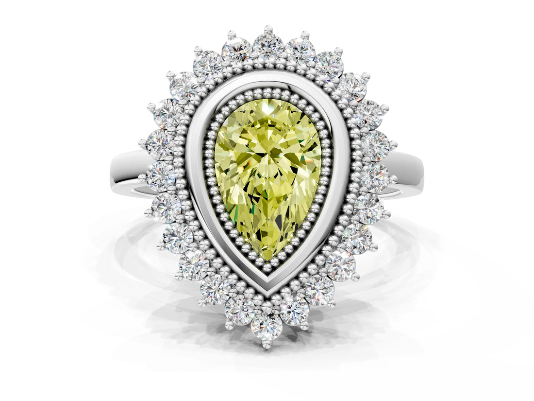 White gold Fancy Yellow Pear  Halo Diamond Ring with Milgrain Edge and Round Prong Setting_38