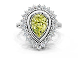 White gold Fancy Yellow Pear  Halo Diamond Ring with Milgrain Edge and Round Prong Setting_38