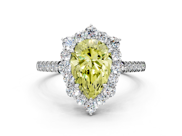 Platinum Fancy Yellow Pear  Halo Diamond Ring with Pavé Band and Prong Setting