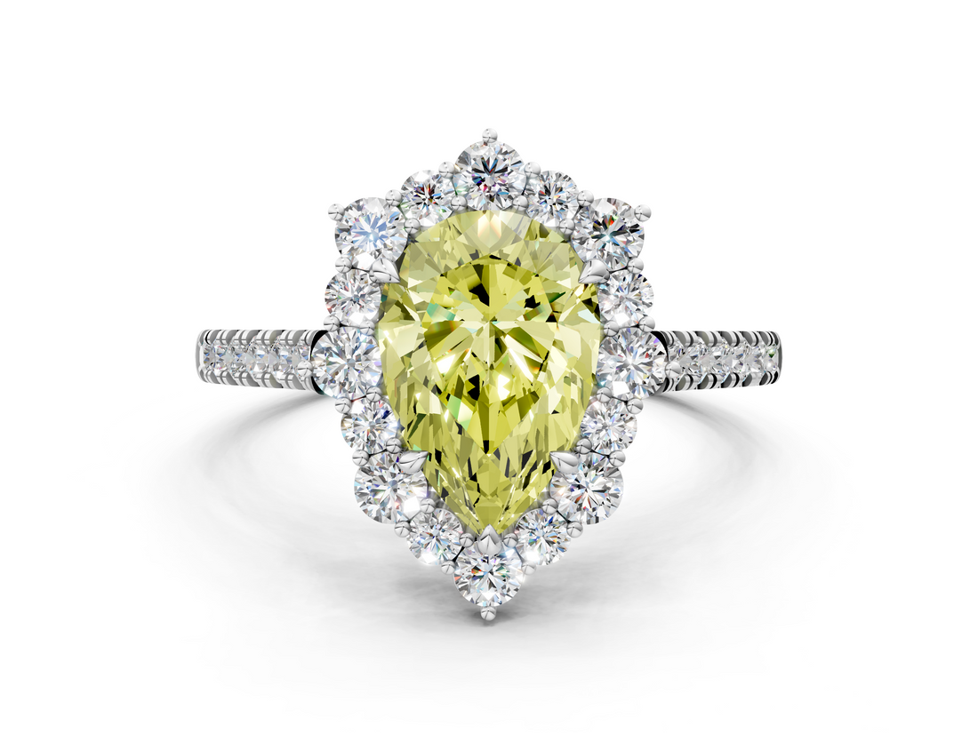 White gold Fancy Yellow Pear  Halo Diamond Ring with Pavé Band and Prong Setting_20