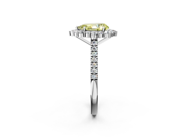 Platinum Fancy Yellow Pear  Halo Diamond Ring with Pavé Band and Prong Setting
