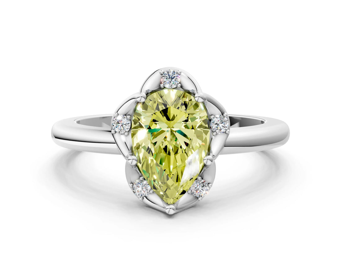 White gold Fancy Yellow Pear  Halo Diamond Ring with Round Cluster Setting, Solitaire Band, and Four-Prong Setting_84