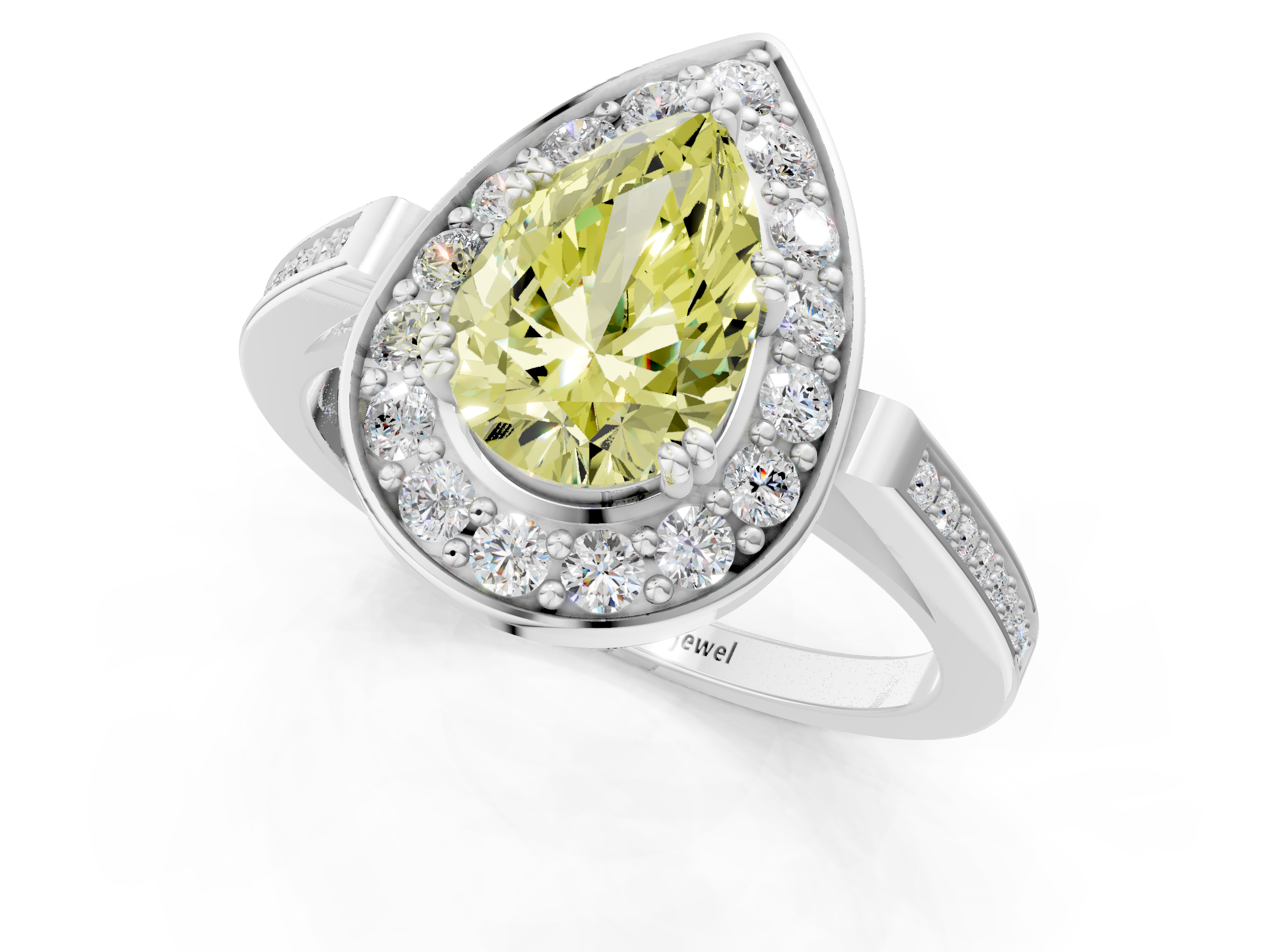 White gold Fancy Yellow Pear  Halo Diamond Ring with Split Shank and Four-Prong Setting_60
