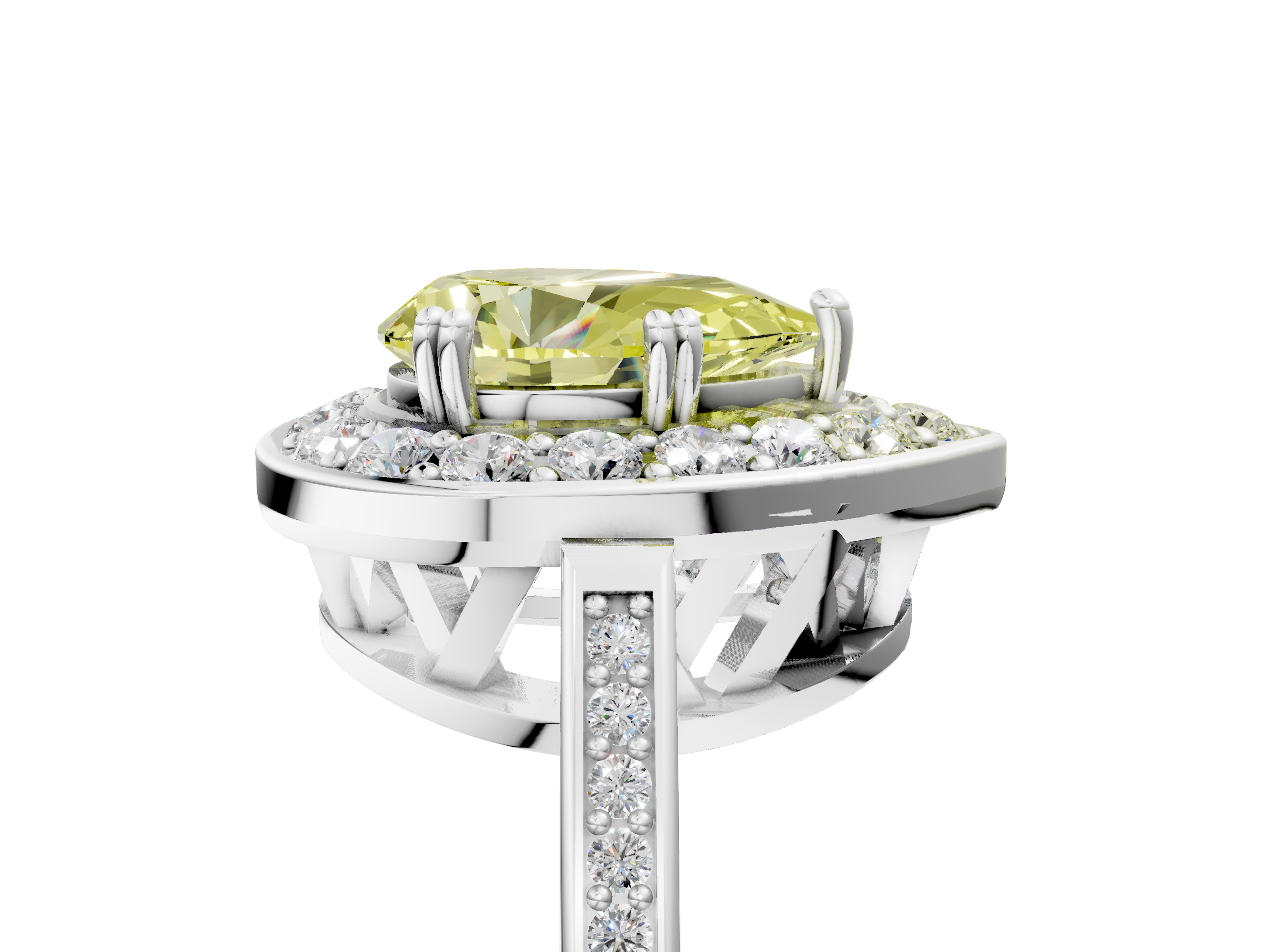White gold Fancy Yellow Pear  Halo Diamond Ring with Split Shank and Four-Prong Setting_64
