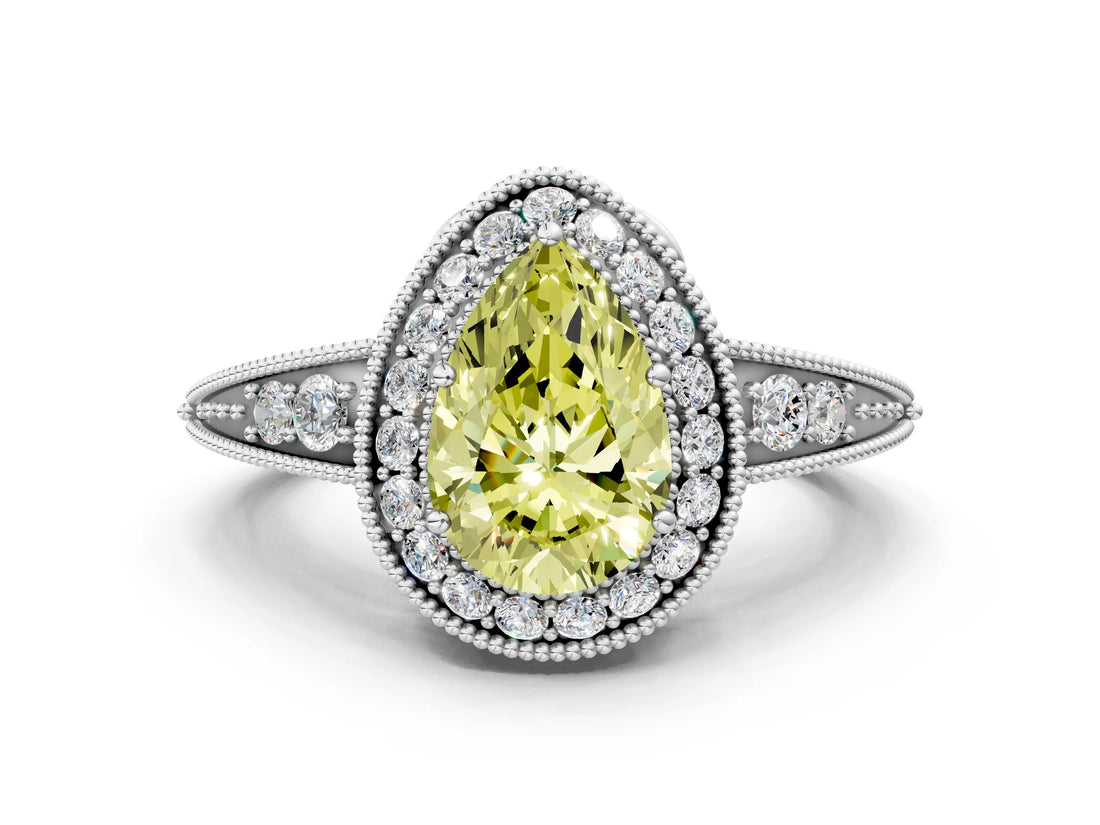 White gold Fancy Yellow Pear  Halo Diamond Split Shank Ring with Milgrain Detail_49