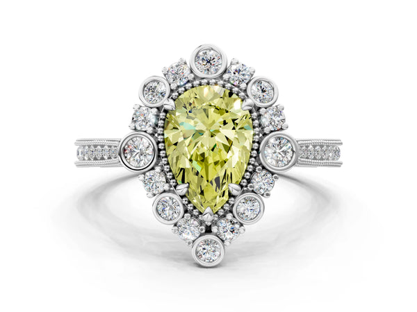 White gold Fancy Yellow Pear  Halo Milgrain Pave Diamond Ring with Four-Prong Setting