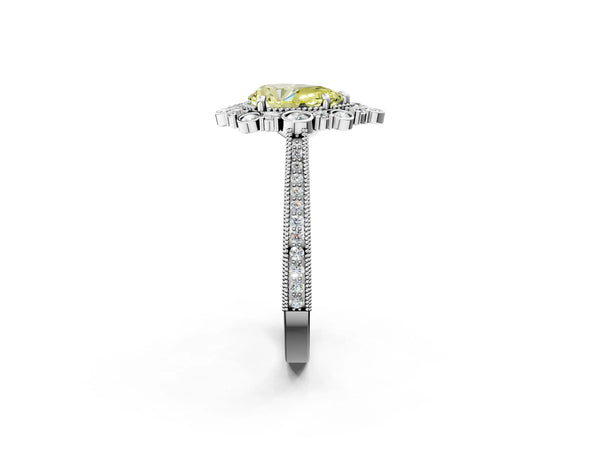 White gold Fancy Yellow Pear  Halo Milgrain Pave Diamond Ring with Four-Prong Setting