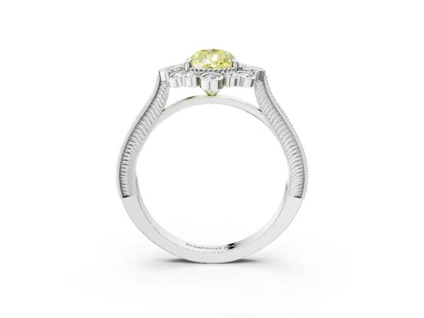 White gold Fancy Yellow Pear  Halo Milgrain Pave Diamond Ring with Four-Prong Setting
