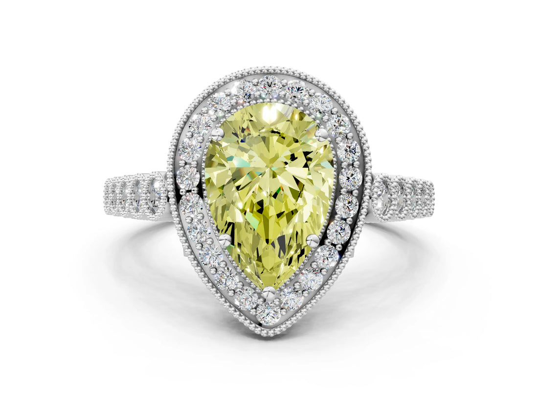 White gold Fancy Yellow Pear  Halo Milgrain Solitaire with Bezel Set Side Stones and Pave Band_32