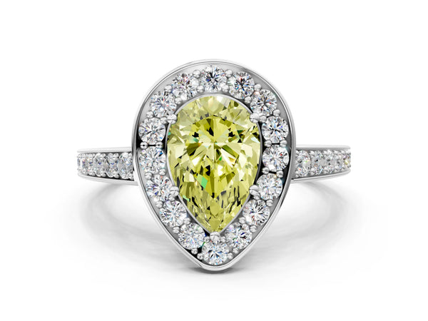 Platinum Fancy Yellow Pear  Halo Pavé Diamond Engagement Ring with Bezel Setting
