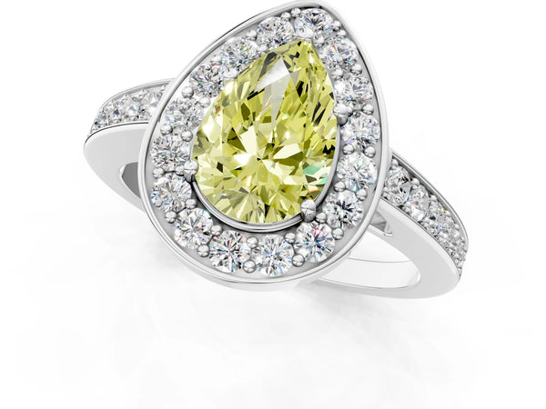 Platinum Fancy Yellow Pear  Halo Pavé Diamond Engagement Ring with Bezel Setting
