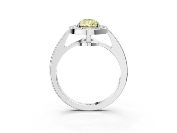 Platinum Fancy Yellow Pear  Halo Pavé Diamond Engagement Ring with Bezel Setting