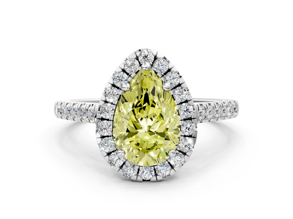 White gold Fancy Yellow Pear  Halo Pavé Diamond Engagement Ring with Four-Prong Setting