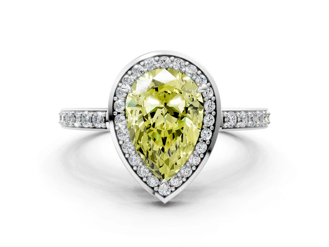 White gold Fancy Yellow Pear  Halo Pave Band Solitaire Ring with Prong Setting_66