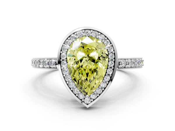 White gold Fancy Yellow Pear  Halo Pave Band Solitaire Ring with Prong Setting