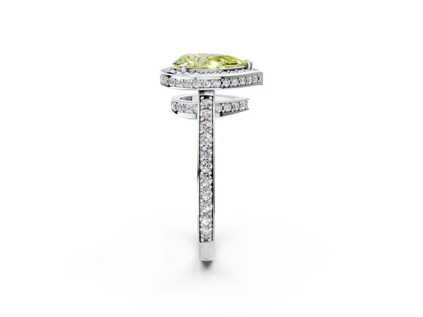 White gold Fancy Yellow Pear  Halo Pave Band Solitaire Ring with Prong Setting