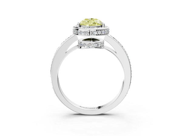 White gold Fancy Yellow Pear  Halo Pave Band Solitaire Ring with Prong Setting