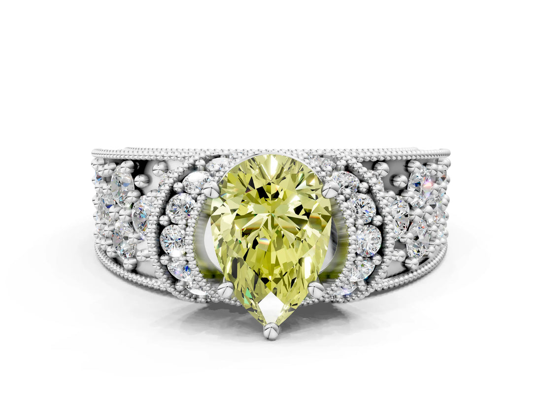 White gold Fancy Yellow Pear  Halo Pave Diamond Engagement Ring with Milgrain Detailing_60
