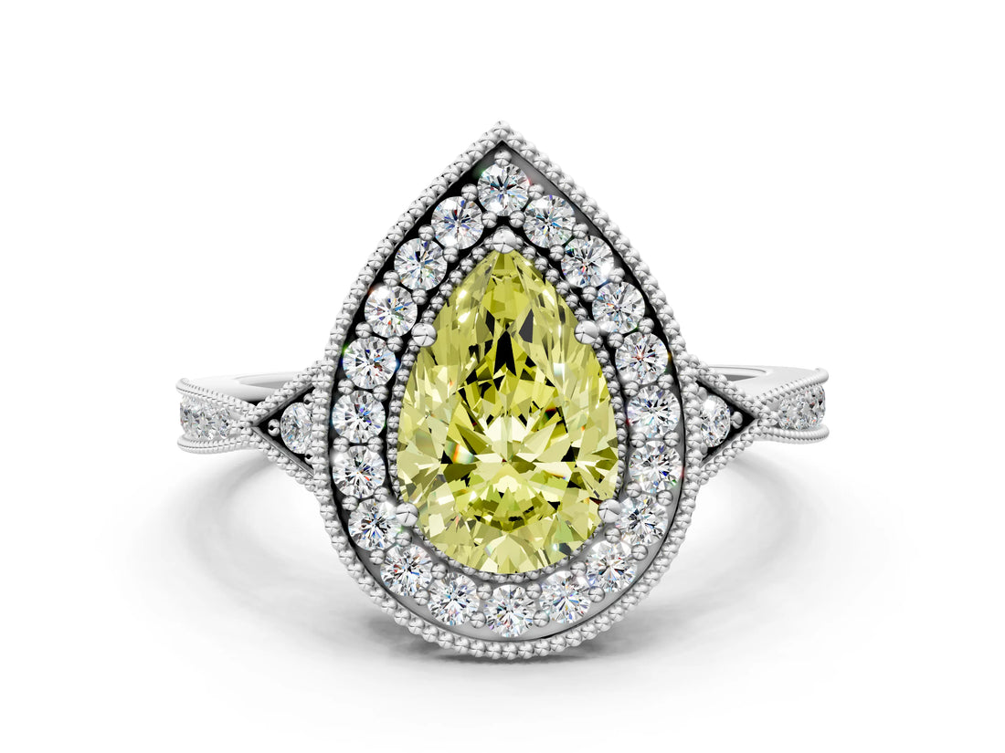 White gold Fancy Yellow Pear  Halo Round Diamond Milgrain Pave Engagement Ring_3