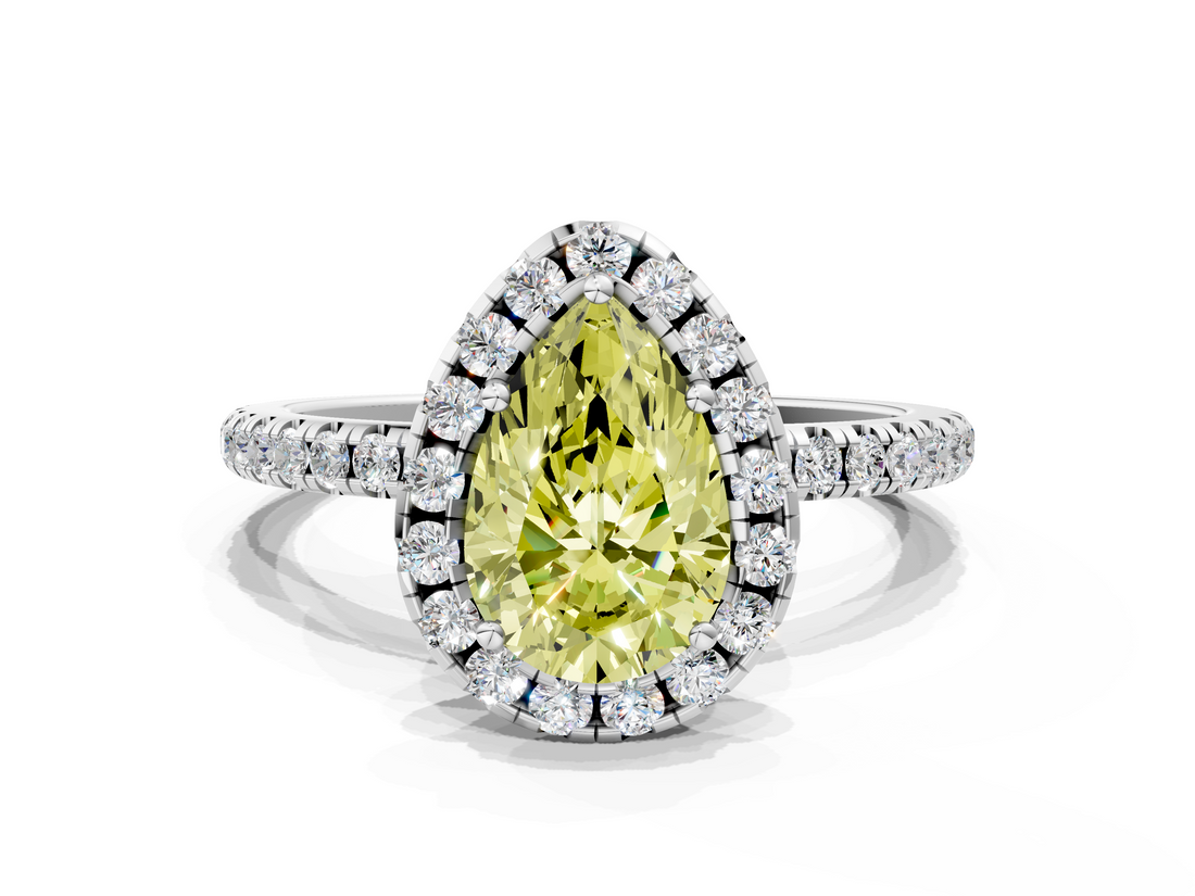 White gold Fancy Yellow Pear  Halo Round Diamond Pavé Band Four-Prong Ring_3