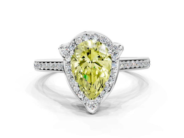 White gold Fancy Yellow Pear  Halo Round Diamond Pave Band with Four-Prong Setting