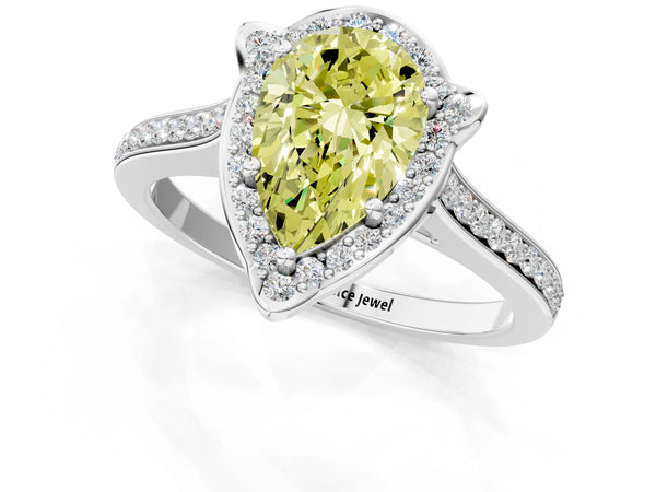 White gold Fancy Yellow Pear  Halo Round Diamond Pave Band with Four-Prong Setting
