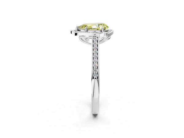 White gold Fancy Yellow Pear  Halo Round Diamond Pave Band with Four-Prong Setting
