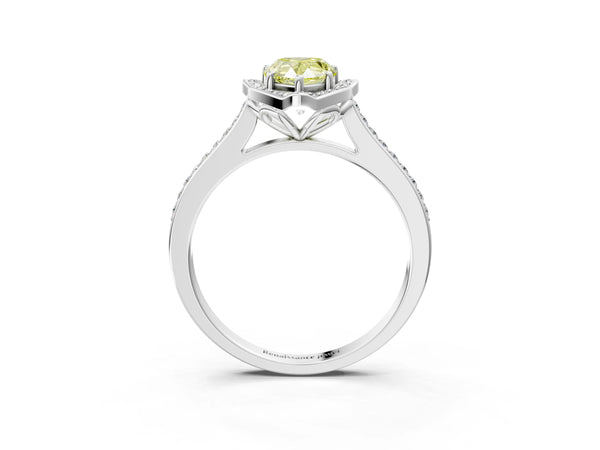 White gold Fancy Yellow Pear  Halo Round Diamond Pave Band with Four-Prong Setting