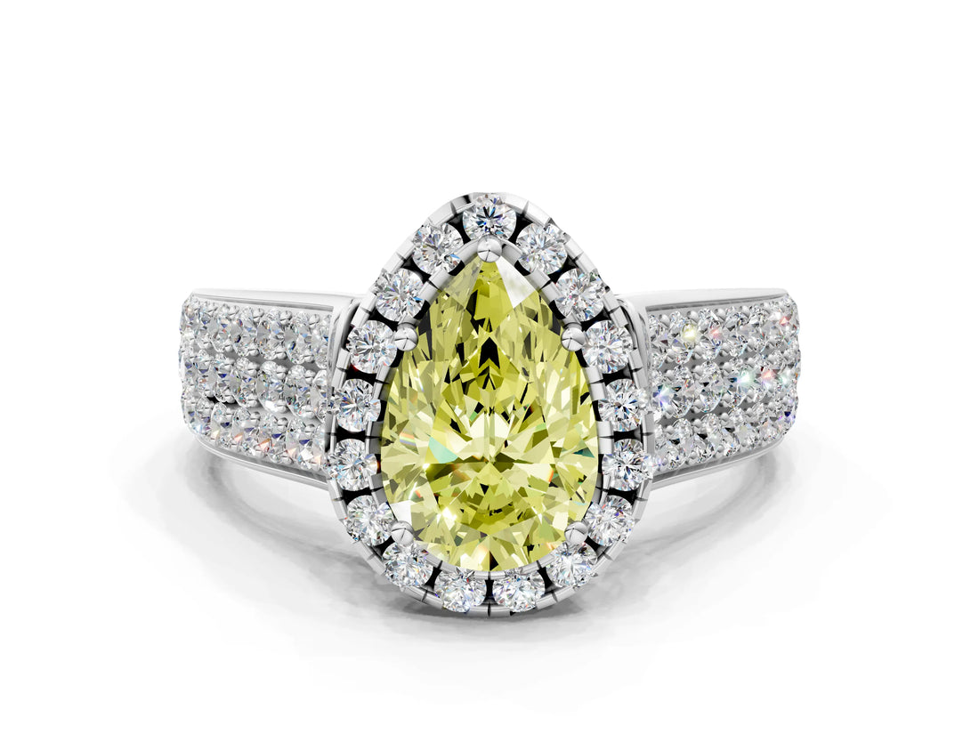 White gold Fancy Yellow Pear  Halo Round Diamond Pave Band with Prong Setting 1