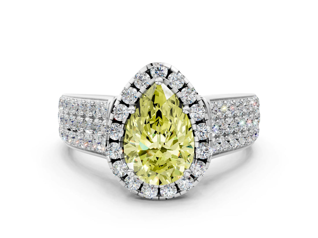 White gold Fancy Yellow Pear  Halo Round Diamond Pave Band with Prong Setting_24