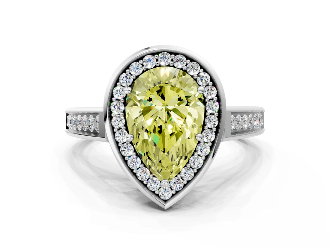 White gold Fancy Yellow Pear  Halo Solitaire Diamond Ring with Pave Band and Bezel Setting_49