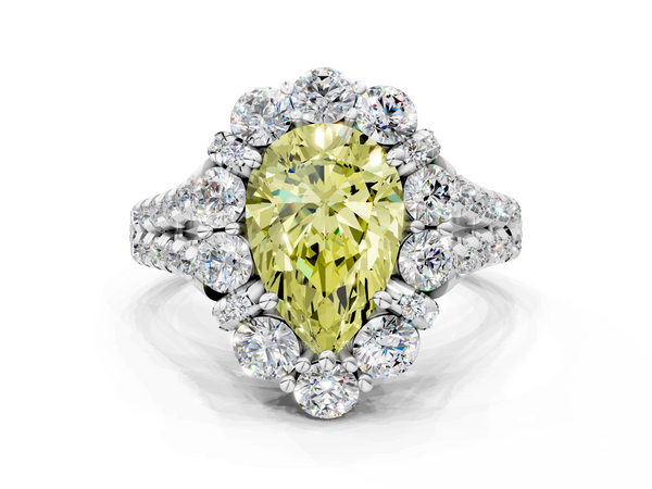 Platinum Fancy Yellow Pear  Halo Split Shank Diamond Engagement Ring with Pave Band and Four-Prong Setting