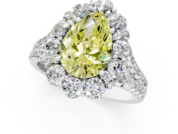 Platinum Fancy Yellow Pear  Halo Split Shank Diamond Engagement Ring with Pave Band and Four-Prong Setting
