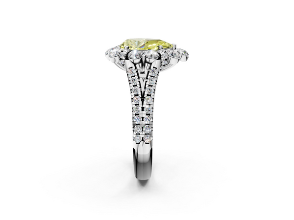 Platinum Fancy Yellow Pear  Halo Split Shank Diamond Engagement Ring with Pave Band and Four-Prong Setting